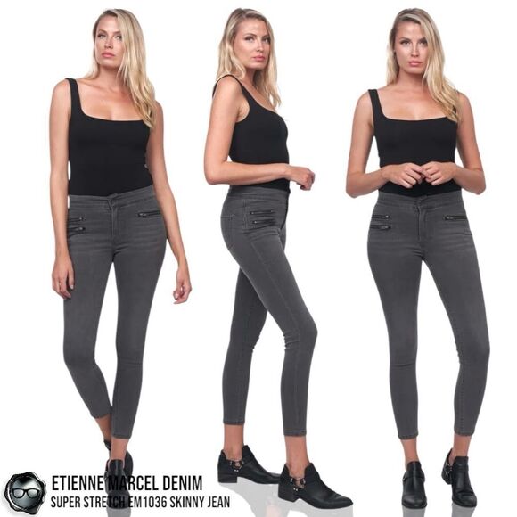 ETIENNE MARCEL DENIM SUPER STRETCH SKINNY MULTI ZIP JEANS EM1036 IN GREY SIZE 24 - Picture 15 of 16